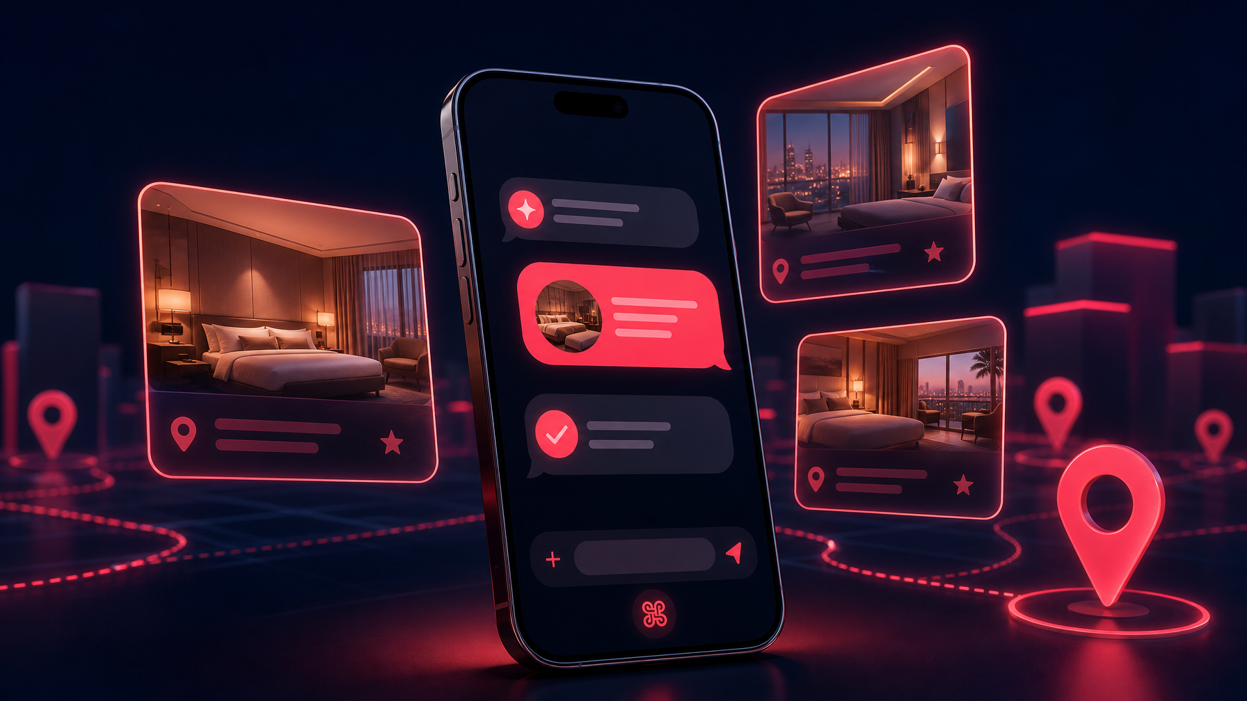 A smartphone showing an AI hotel booking interface with glowing hotel cards and location pins on a dark navy background
