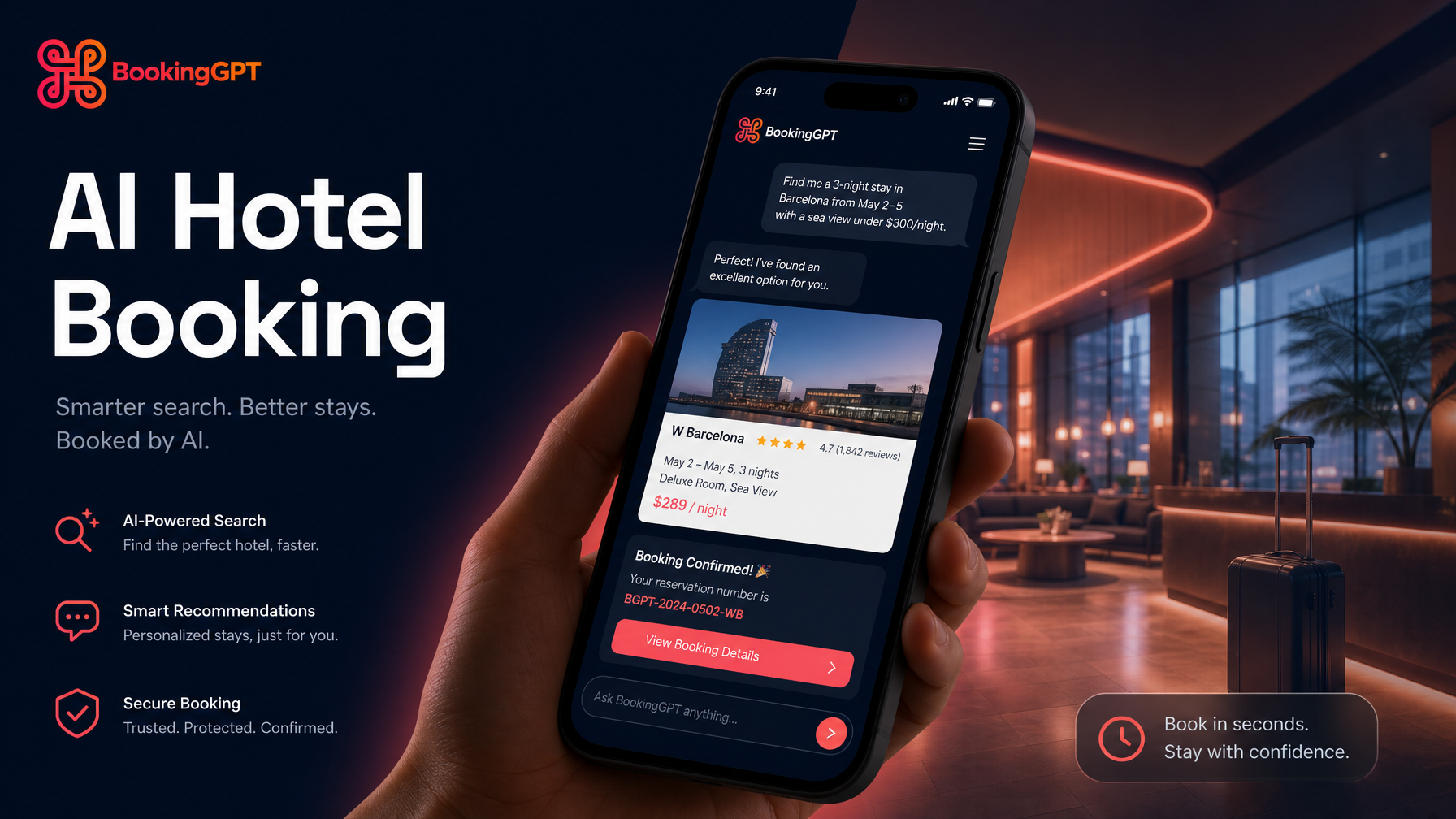 Smartphone showing AI hotel booking confirmation interface with hotel lobby background