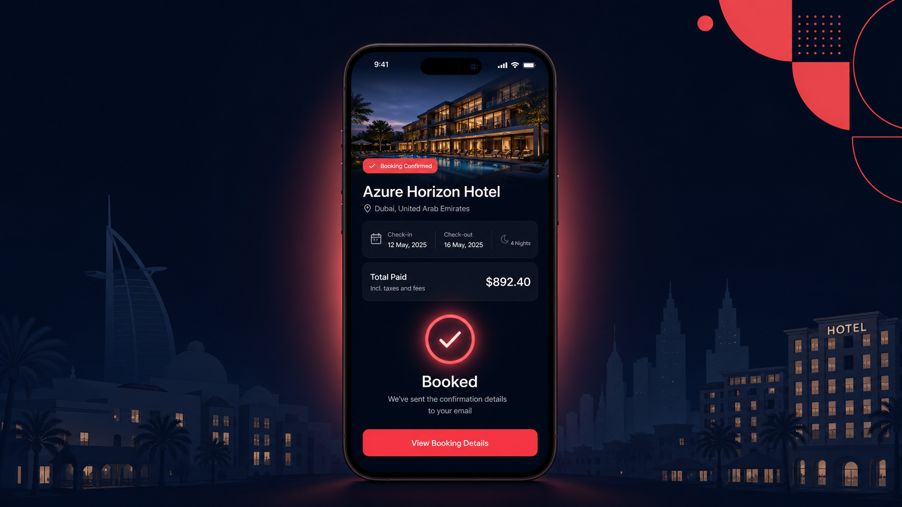 AI travel app showing hotel booking confirmation on smartphone with BookingGPT brand colors