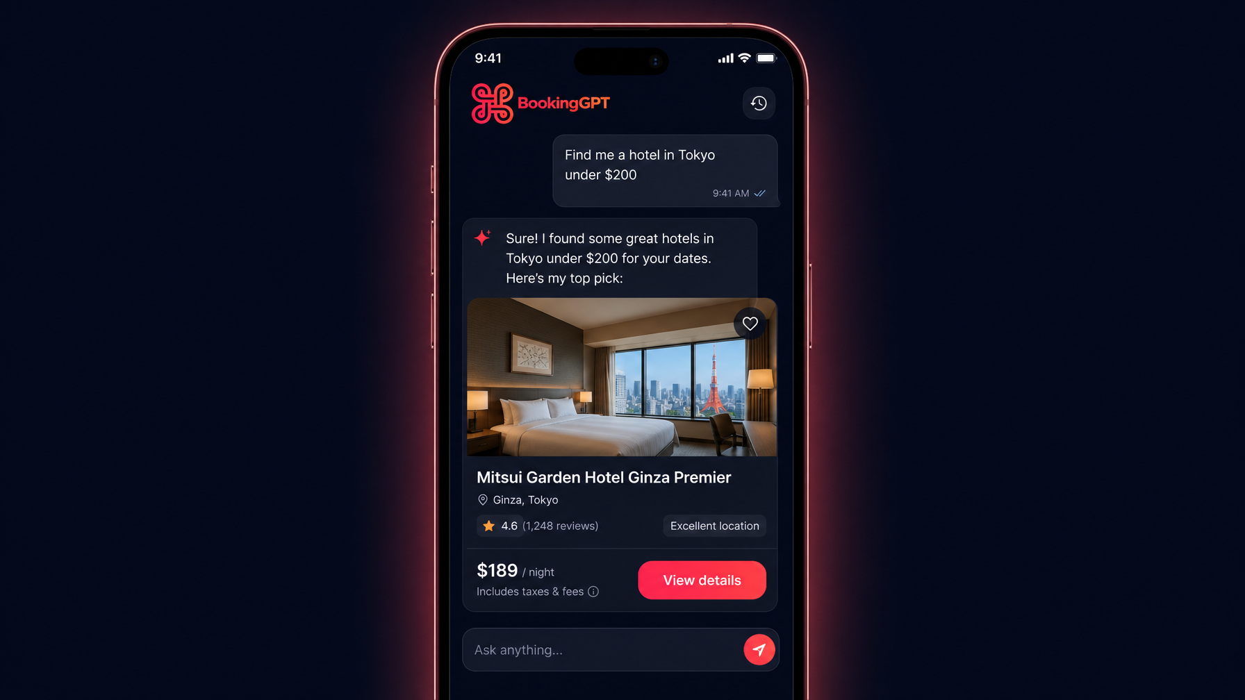 AI travel app showing hotel booking on a smartphone — BookingGPT