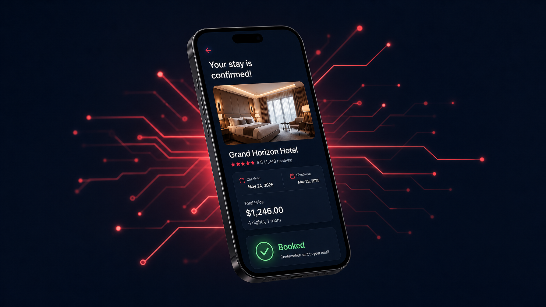 Smartphone showing AI hotel booking confirmation screen on dark navy background with coral red AI circuit lines
