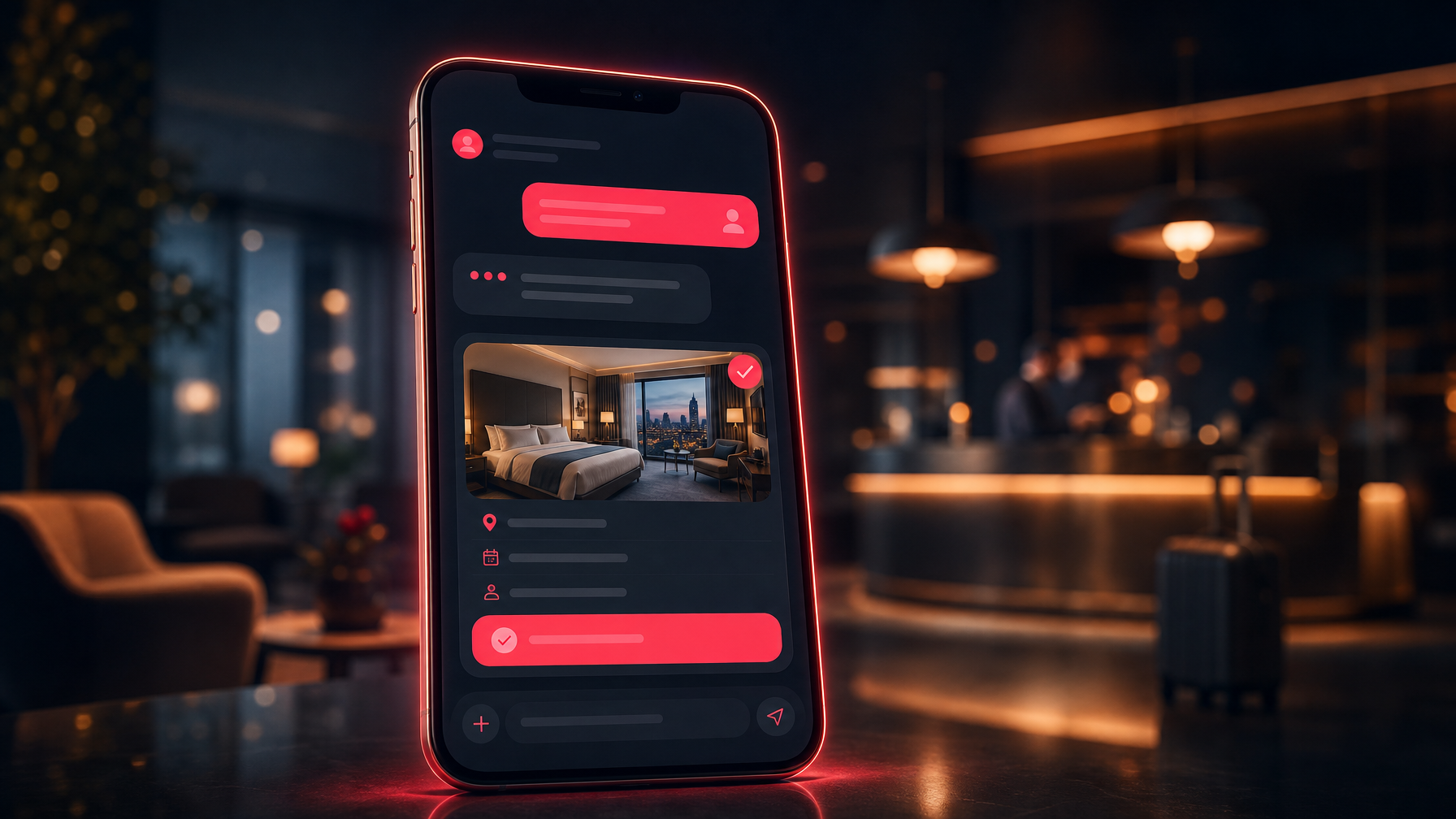Smartphone showing AI hotel booking interface with coral red glow on dark navy background