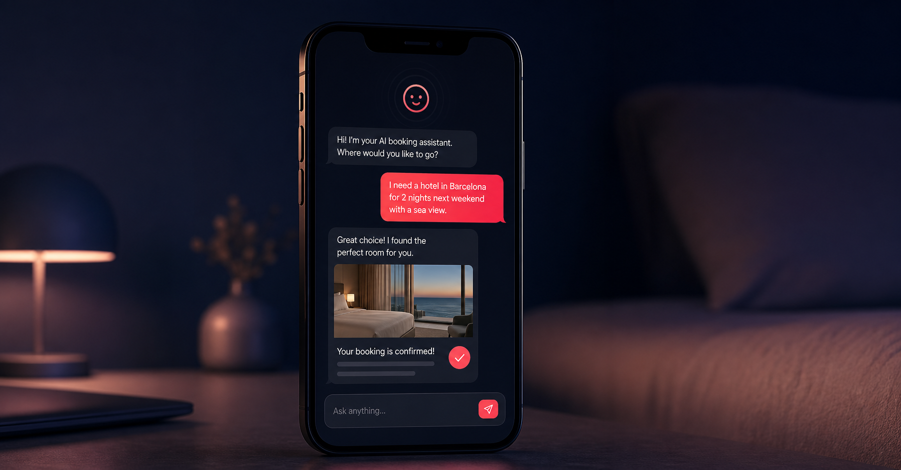 Best AI hotel booking app — smartphone screen showing a hotel confirmation via AI chat interface