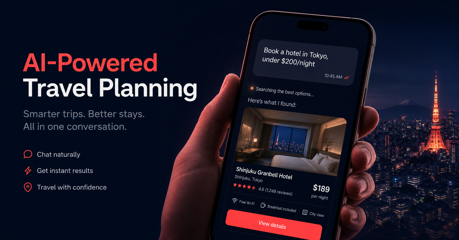 Person holding a smartphone showing an AI hotel booking interface with coral red glow, dark navy background
