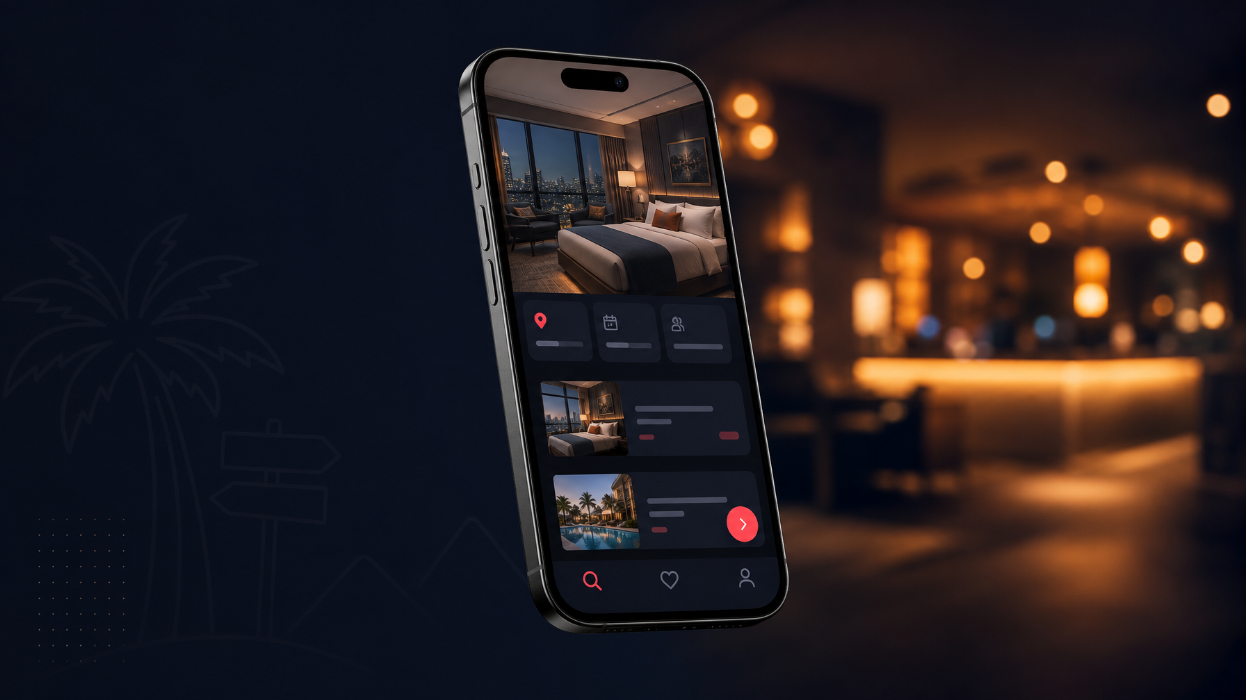 Smartphone displaying an AI hotel booking app interface with dark navy background and coral red accents