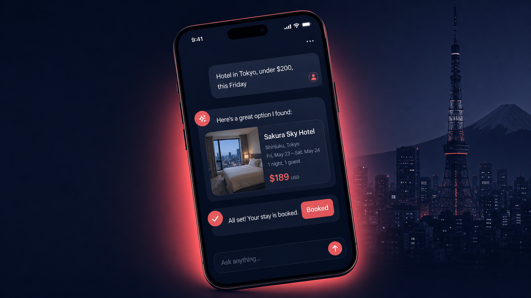 Phone screen showing AI hotel booking interface with a Tokyo hotel booked in seconds using BookingGPT