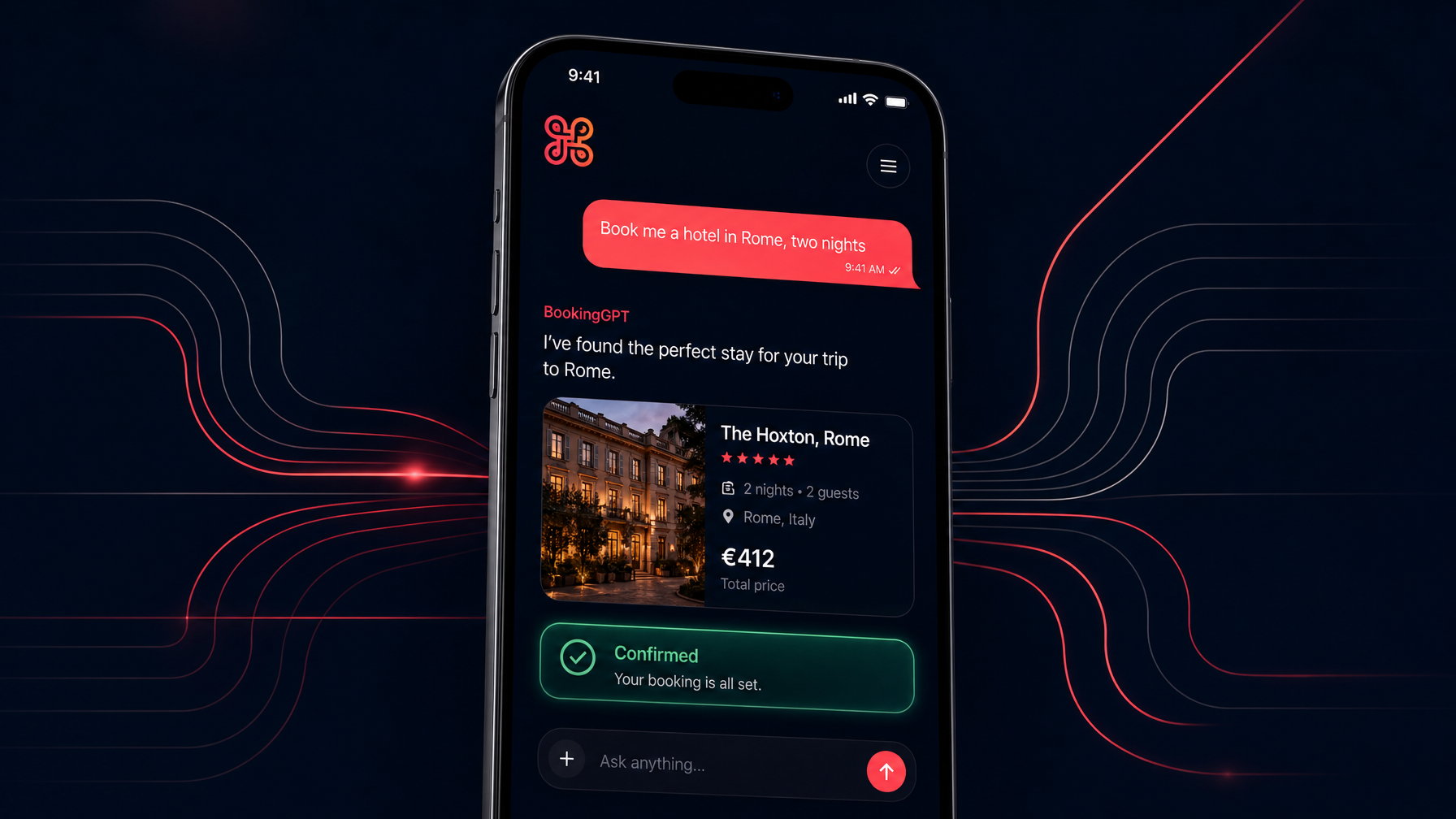 Smartphone showing AI hotel booking confirmation interface on dark navy background with coral accents