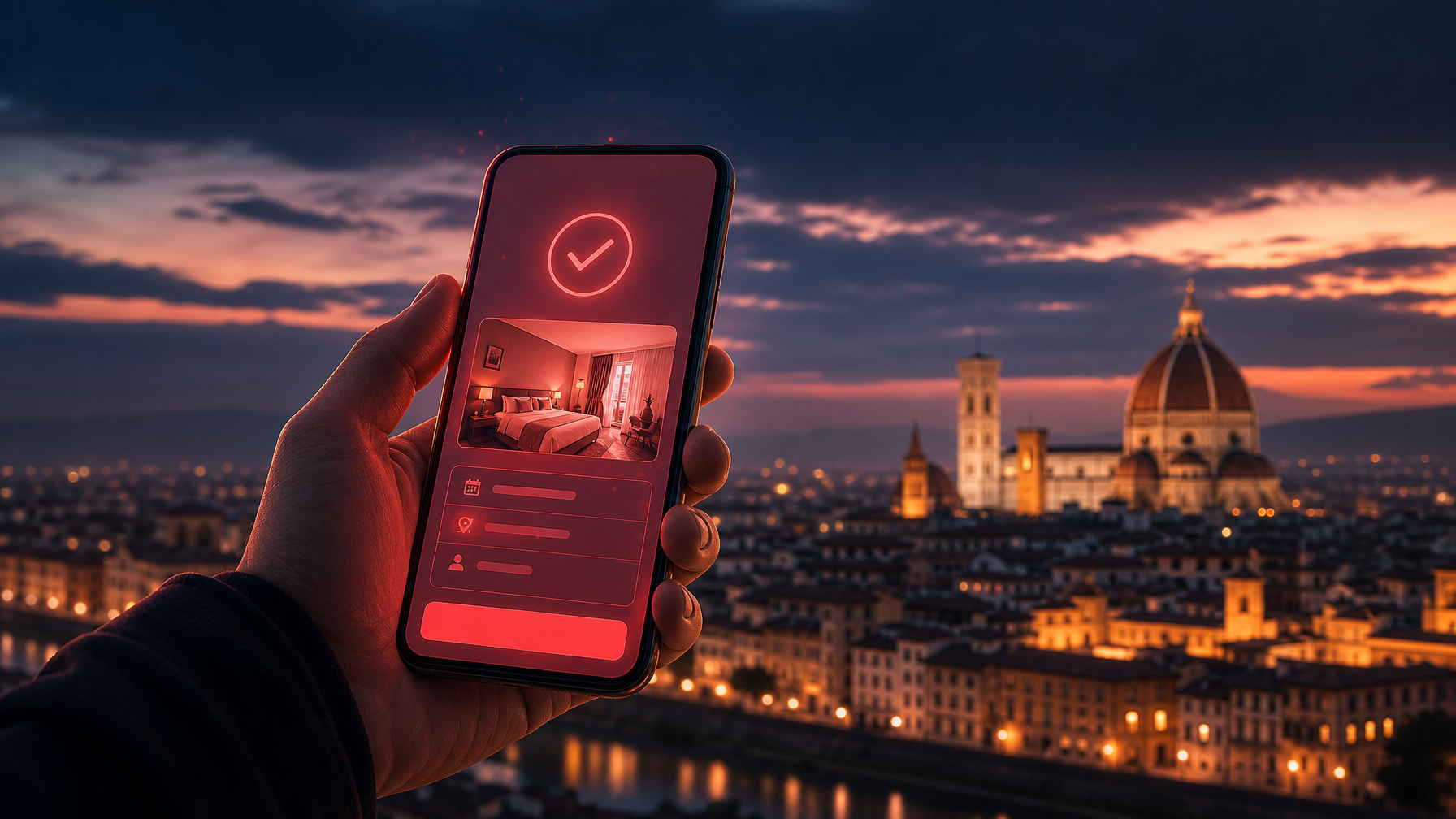 Traveler holding smartphone with hotel booking confirmation, AI travel app in use