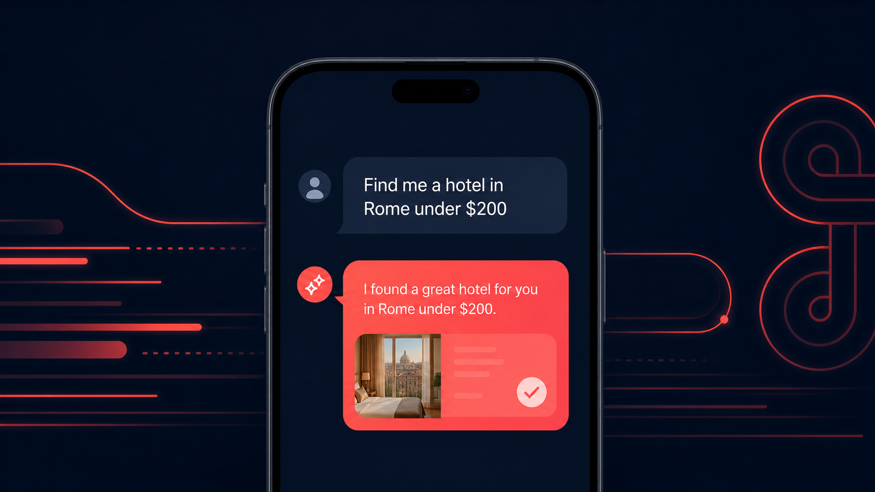 Smartphone showing AI hotel booking chat interface on dark navy background