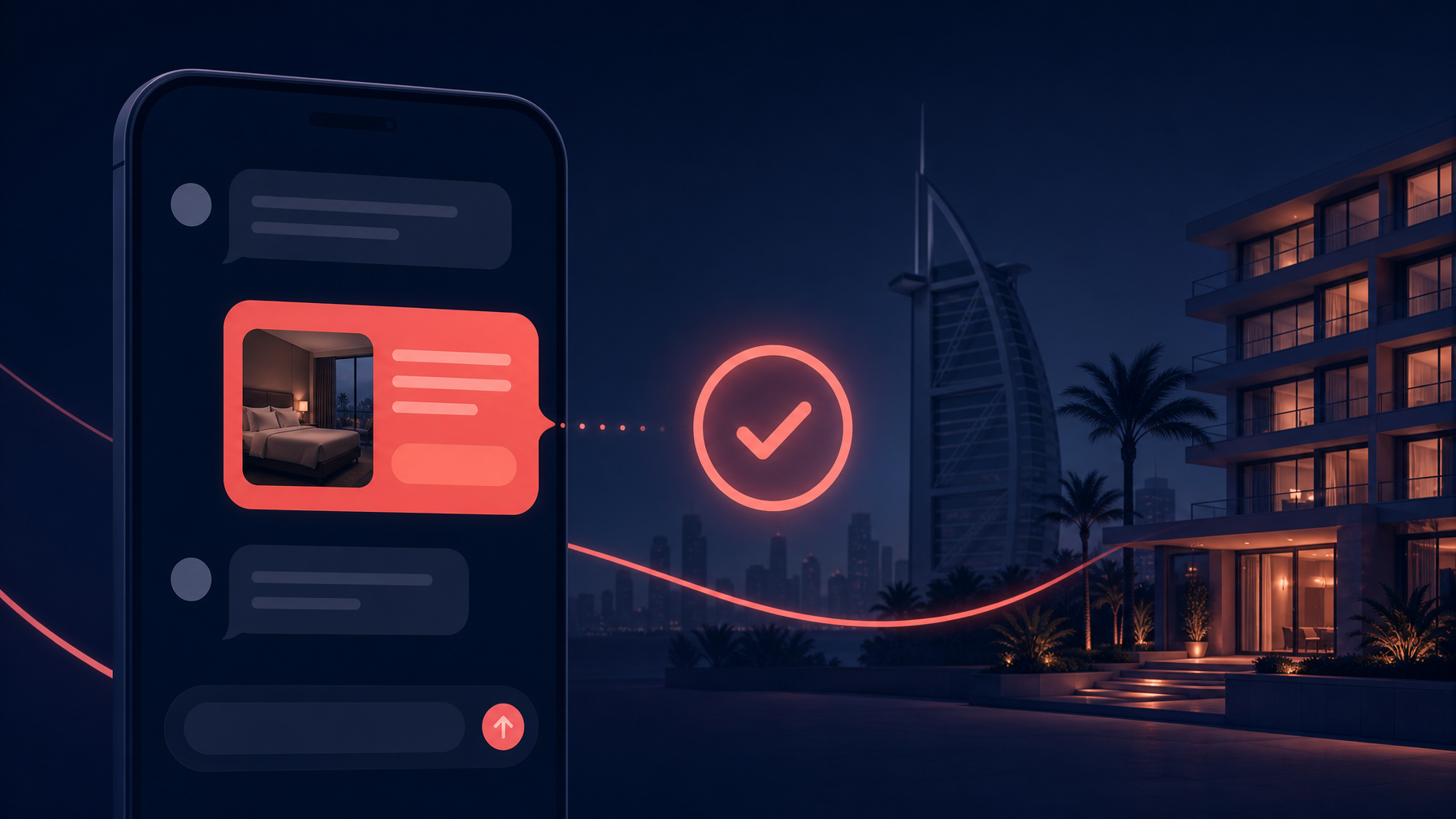Dark navy and coral abstract chat interface suggesting booking a hotel with AI