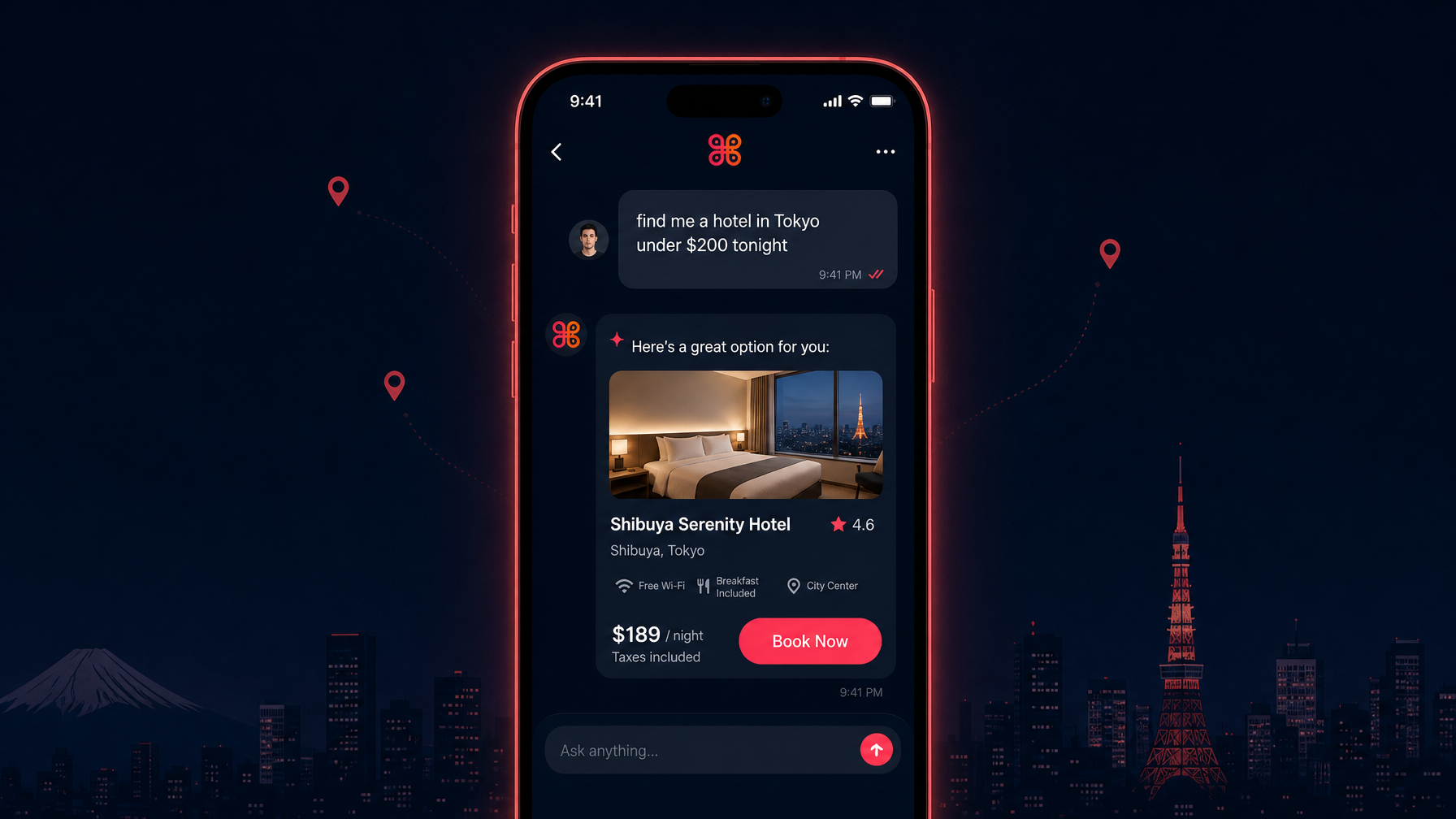 Smartphone showing AI hotel booking chat interface with coral red Book Now button on dark navy background