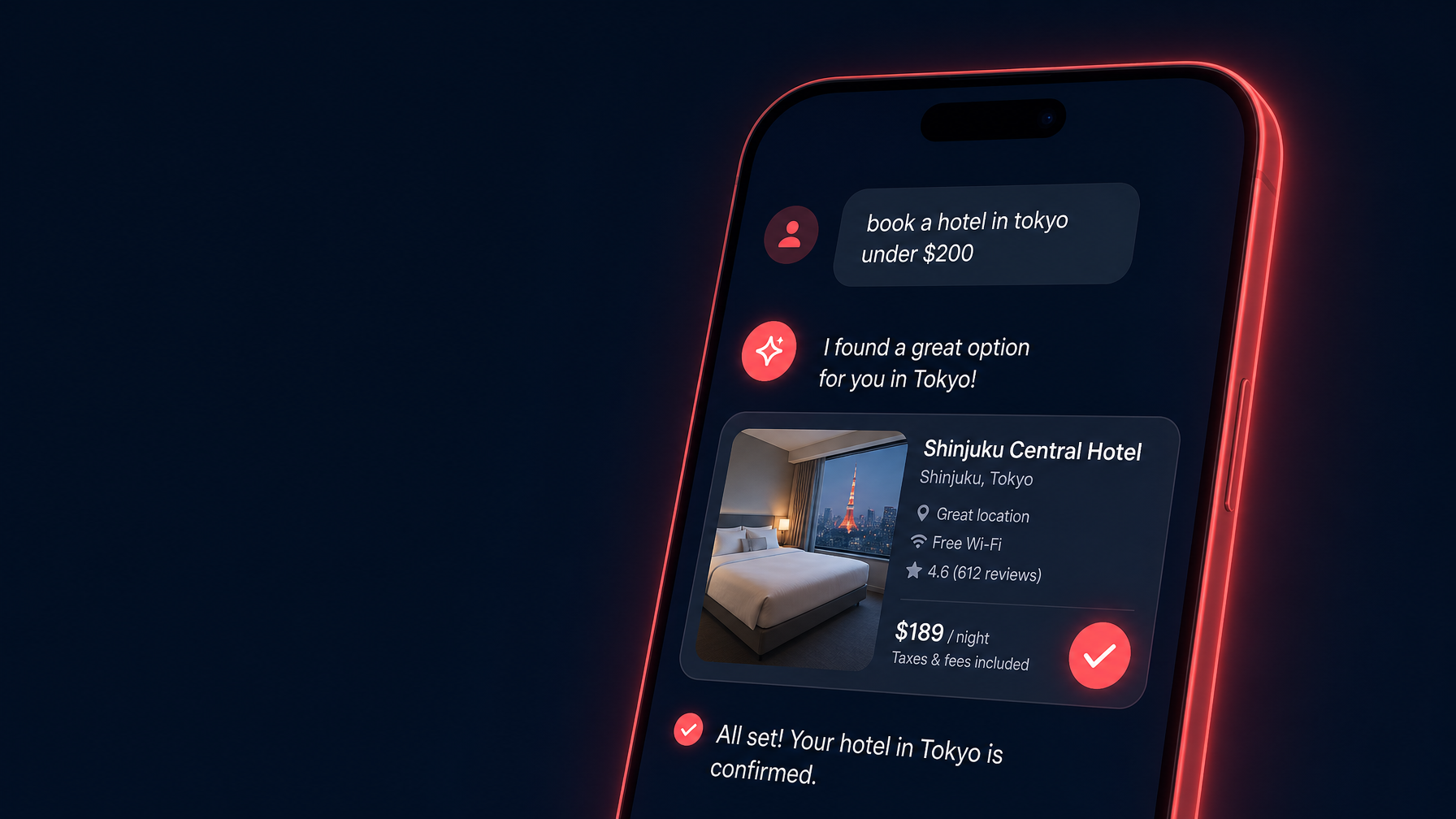 Smartphone showing AI hotel booking interface with coral-red confirmation checkmark on dark navy background