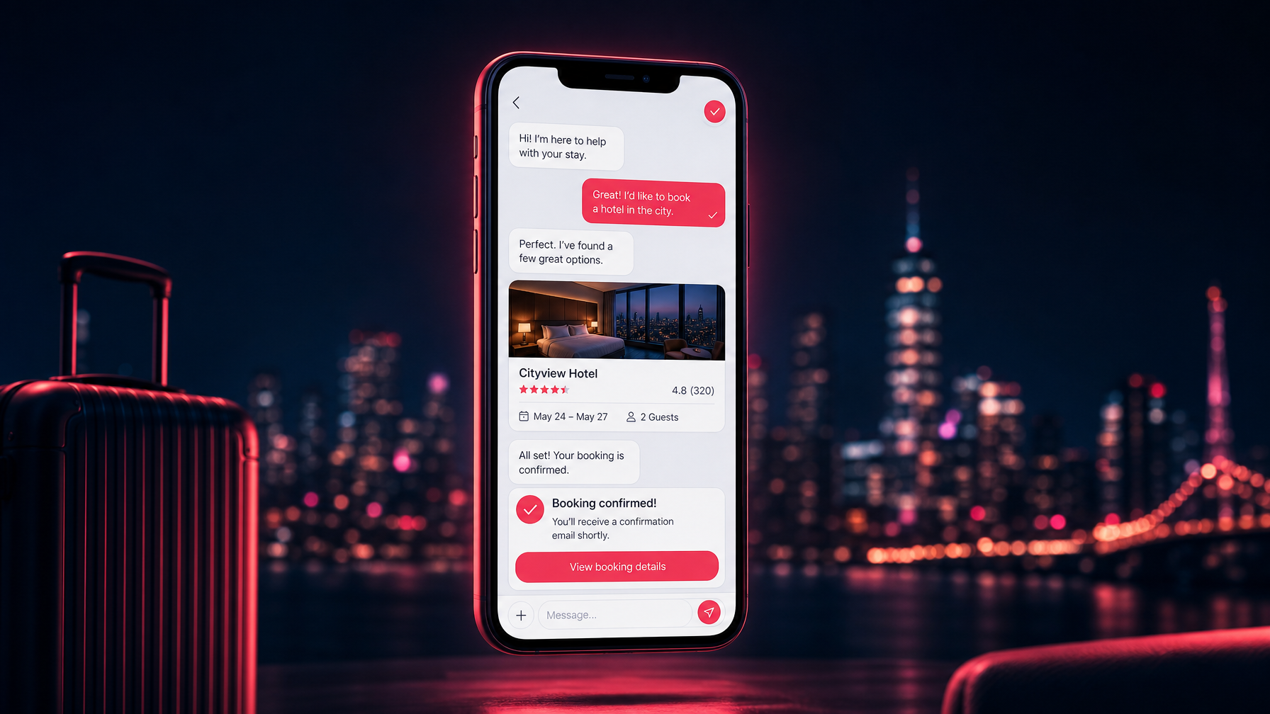 Smartphone showing a chat-style hotel booking confirmation against a dark navy city night background with coral accent light